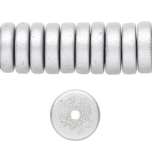 Bead, painted Taiwanese cheesewood (coated), metallic silver, 15x4mm hand-cut rondelle. Sold per 8-inch strand, approximately 45 beads.