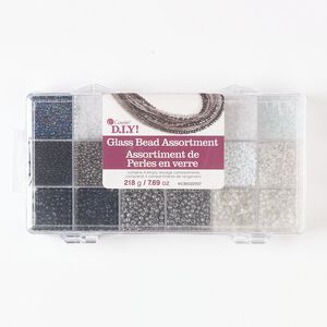 Seed bead mix, glass, pkg/7.69ounce, 15/0 - 6/0 round, opaque to transparent black, white, grey and clear.