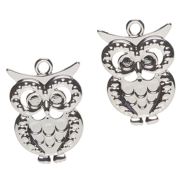 Focal, "pewter" (zinc-based alloy), pkg/2, 37x27mm owl, silver finish. image number 0