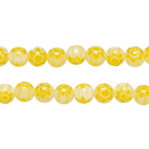 Bead, millefiori glass 1pkg1, translucent yellow-orange / white / clear, 6mm round, 15 inches.
