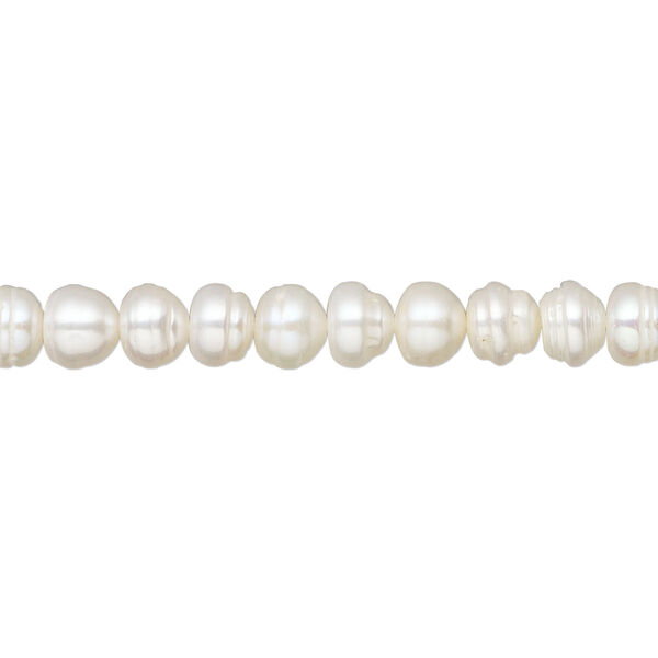 Pearl, cultured freshwater (bleached), white, 5-6mm button, C grade, Mohs hardness 2-1/2 to 4. Sold per 15-1/2" to 16" strand. image number 0