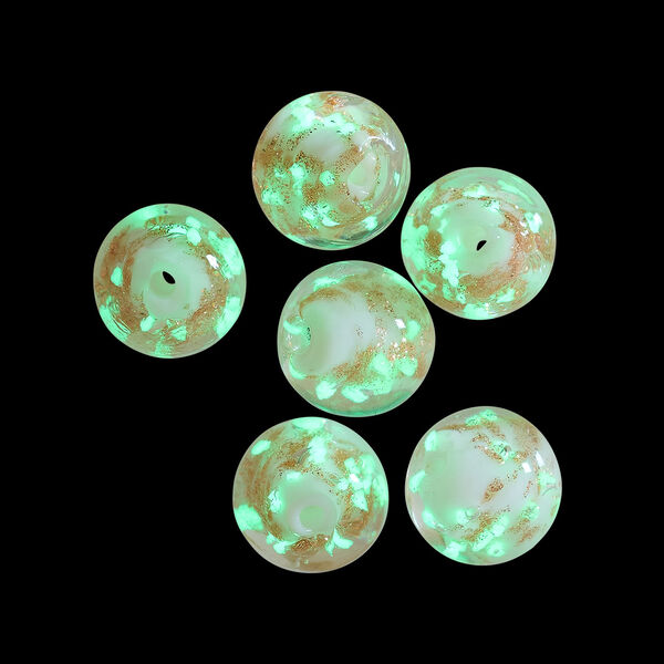 Bead, lampworked glass, clear /opaque white/ glow-in-the-dark / gold, 10mm round. Sold per pkg of 6. image number 1