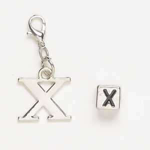 Charm, "pewter" (zinc-based alloy)/steel/enamel, pkg/2, antique silver finish and black, 16x13mm "X" with lobster claw clasp and 7mm cube with "X".