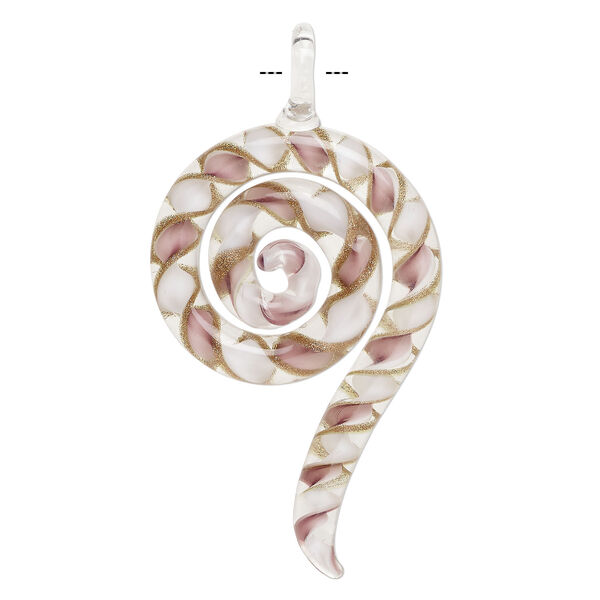 Focal, lampworked glass 1pkg1, translucent and transparent light purple / white / clear with copper-colored glitter, 3x1.5 inch swirl. image number 1