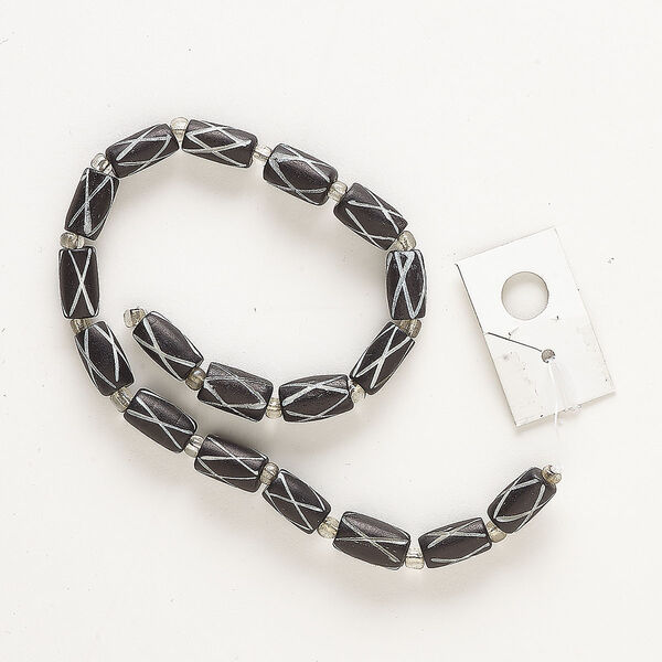 Bead, bone (dyed), black and white, 12x7mm round tube with X pattern, Mohs hardness 2-1/2. Sold per 10-inch strand, approximately 15 beads. image number 0