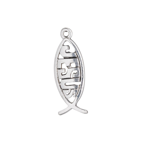 Drop, antique silver-plated "pewter" (zinc-based alloy), 23x9mm single-sided Christian fish with "JESUS." Sold per pkg of 20. image number 0