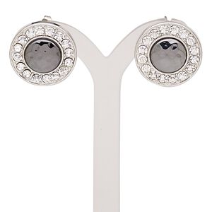 Earring, glass rhinestone / gunmetal-finished stainless steel / imitation rhodium-finished brass / "pewter" (zinc-based alloy), clear, 20mm with round and post. Sold per pair.