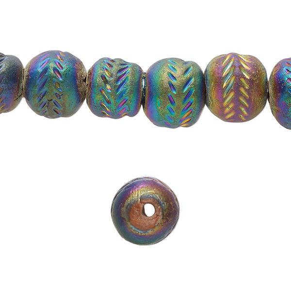Bead, pressed clay, rainbow, 9-12mm handmade textured round. Sold per 16-inch strand, approximately 40 beads. image number 0