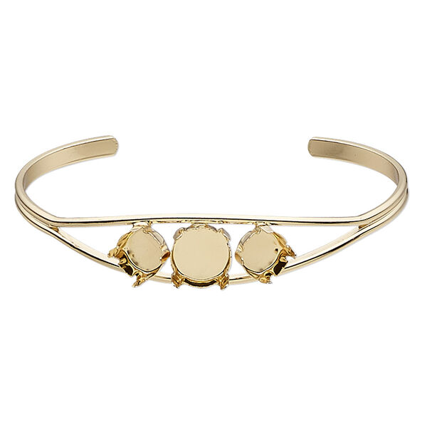Bracelet, cuff, gold-finished brass, 12mm wide with (1) SS47 4-prong rivoli setting and (2) SS39 4-prong rivoli settings, 7 inches. Sold individually. image number 0