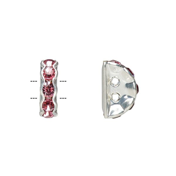 Spacer, glass rhinestone and silver-plated brass, rose, 12x4mm 2-strand half-round bridge, fits up to 3.5mm bead. Sold per pkg of 10. image number 0