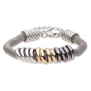 Bracelet, imitation rhodium-plated brass / steel / gold- / gunmetal- / imitation rhodium-coated plastic, 12mm wide, 6 inches with 2-inch extender chain and lobster claw clasp. Sold individually.