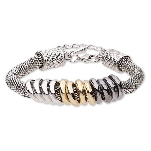 Bracelet, imitation rhodium-plated brass / steel / gold- / gunmetal- / imitation rhodium-coated plastic, 12mm wide, 6 inches with 2-inch extender chain and lobster claw clasp. Sold individually. image number 0