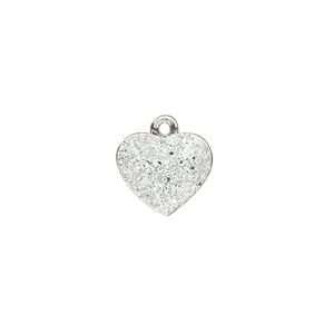 Charm, silver-plated "pewter" (zinc-based alloy), white glitter, 13x11mm single-sided puffed heart. Sold individually.