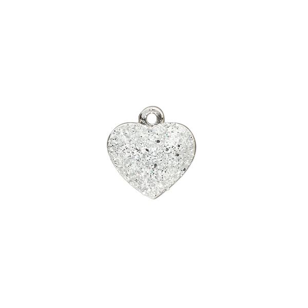 Charm, silver-plated "pewter" (zinc-based alloy), white glitter, 13x11mm single-sided puffed heart. Sold individually. image number 0
