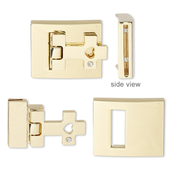 Clasp, hinged buckle, glass rhinestone with gold-finished steel and "pewter" (zinc-based alloy), clear, 29x23mm rectangle with cross and cutout heart with glue-in ends and (6) micro screws, 20x1.5mm inside diameter. Sold individually. image number 0