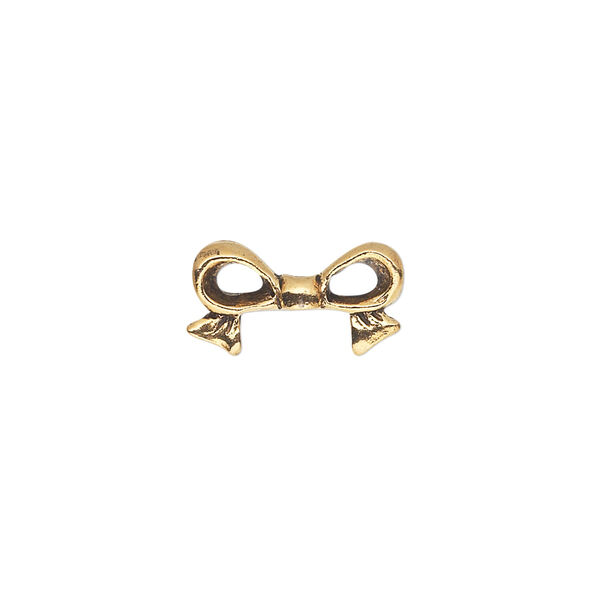 Bead, pewter (tin-based alloy), pkg/1, antique gold plate, 16x9mm double-sided bow, fits 8mm cube. image number 0