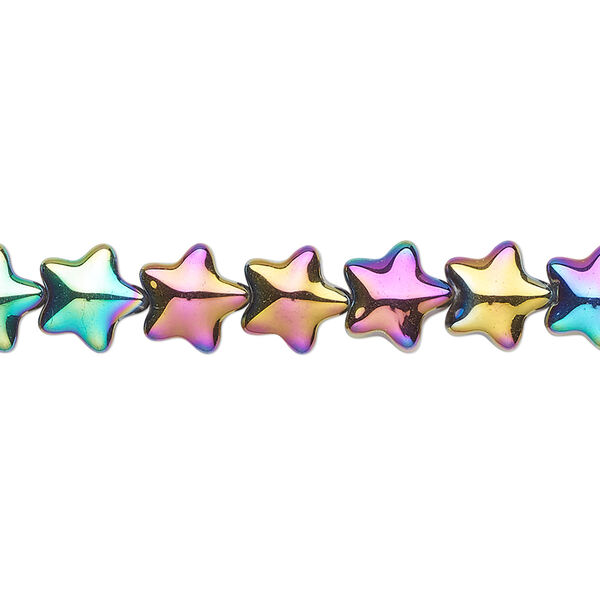 Bead, pressed glass, opaque iris multicolored, 8mm star. Sold per 15-1/2" to 16" strand. image number 0