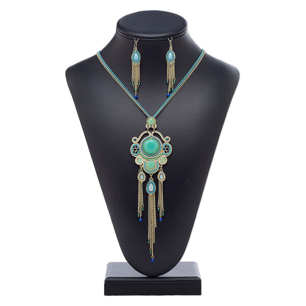 Necklace and earring set, acrylic rhinestone / acrylic / glass rhinestone / glass / enamel / antique gold-finished brass / steel / "pewter" (zinc-based alloy), multicolored, 6-1/2 inch dangle, 30-inch necklace with 3-inch extender chain and lobster claw clasp, 2-1/2 inch earrings with fishhook ear wire. Sold per set. image number 0