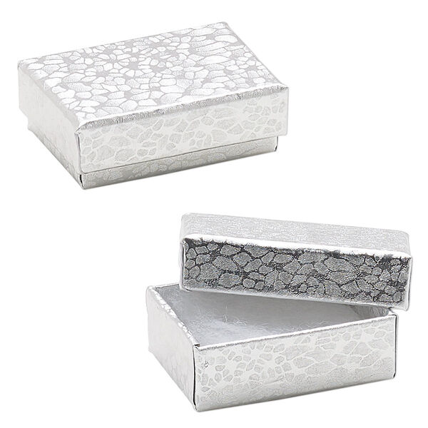 Box, paper, "cotton"-filled, silver, 1-7/8 x 1-1/4 x 5/8 inch rectangle. Sold per pkg of 10. image number 0