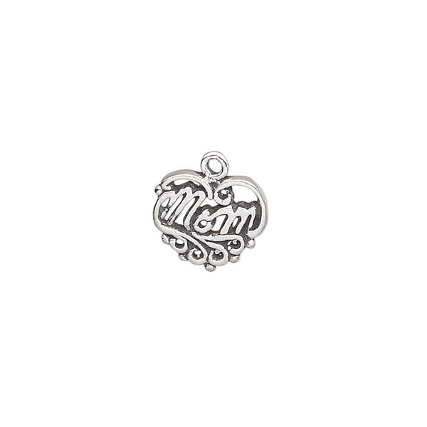 Charm, antiqued sterling silver, 12x10mm heart with "Mom." Sold individually. image number 0