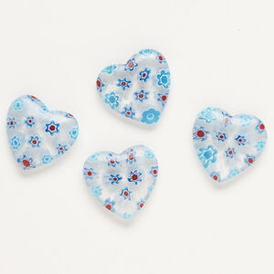 Bead, millefiori glass, translucent clear and multicolored, 19-20mm half-drilled puffed heart. Sold per pkg of 4.