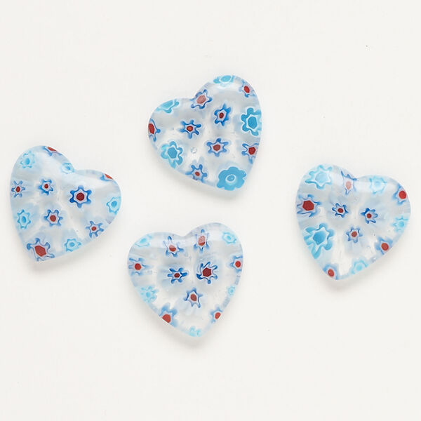 Bead, millefiori glass, translucent clear and multicolored, 19-20mm half-drilled puffed heart. Sold per pkg of 4. image number 0