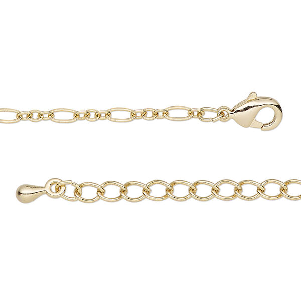 Chain, gold-finished steel and brass, 2.5mm figaro, 18 inches with 2-inch extender chain and lobster claw clasp. Sold individually. image number 0