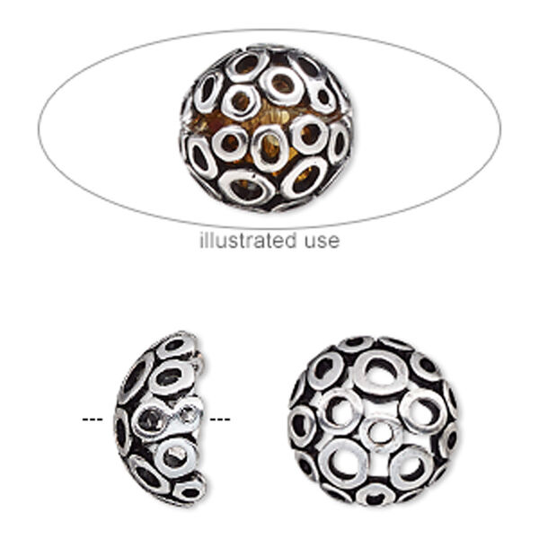 Bead cage, antique silver-plated "pewter" (zinc-based alloy), 14mm round with circle cutout design, fits up to 10mm bead. Sold per 2-piece set. image number 0
