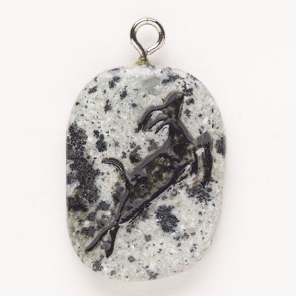 Focal, steel/sesame jasper (natural)/enamel, pkg/1, silver finish and black, 33x24mm single-sided puffed freeform with jumping deer, B grade. image number 0