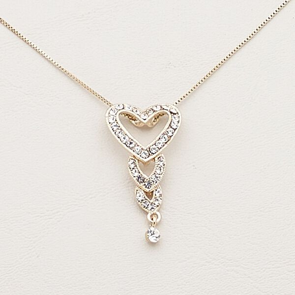 Necklace, Czech glass rhinestone / gold-finished steel / brass / "pewter" (zinc-based alloy), clear, 38x20mm triple heart, 17 inches with 2-inch extender chain and lobster claw clasp. Sold individually. image number 0