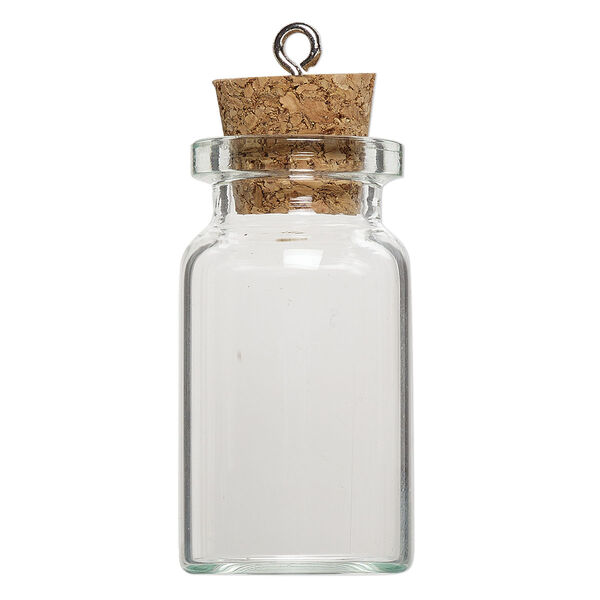 Component, glass / cork / nickel-finished steel, clear, 40x22mm bottle with stopper and screw eye. Sold per pkg of 10. image number 1