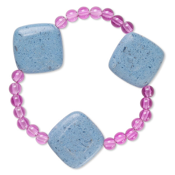 Bracelet, stretch, glass and acrylic, opaque purple and blue, 5mm round and 27x26mm-27mm flat diamond, 6-1/2 inches. Sold individually. image number 0