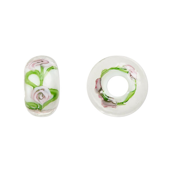 Bead, lampworked glass, opaque white and multicolored, 16x9mm rondelle with rose. Sold per pkg of 4. image number 0
