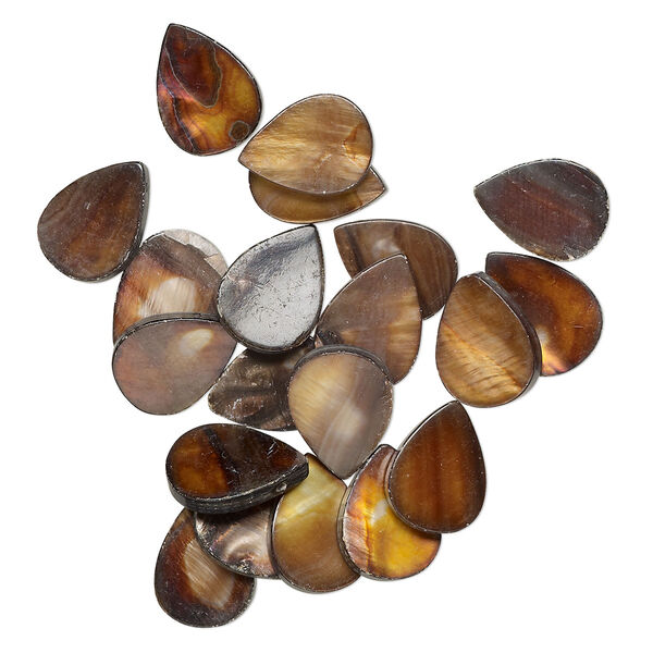 Bead, mother-of-pearl shell (dyed), brown, 17x13mm-19x14mm top-drilled flat teardrop with 0.6mm hole, Mohs hardness 3-1/2. Sold per pkg of 20. image number 0
