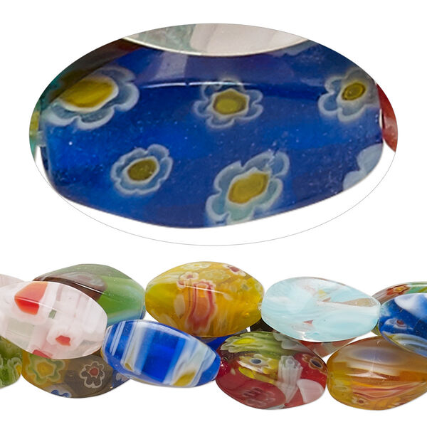 Bead mix, millefiori glass, opaque to transparent multicolored, 12x6mm 4-sided twisted oval with 0.6-0.8mm hole. Sold per pkg of (3) 15-inch strands. image number 0