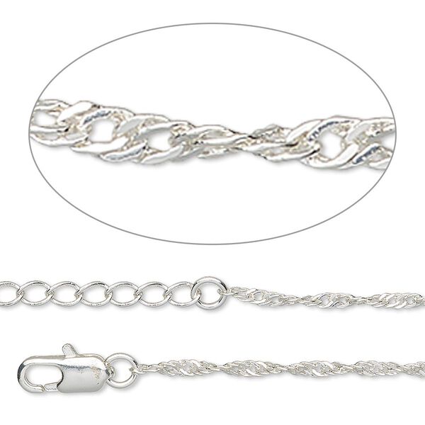 Chain, silver-plated brass, 2mm Singapore, 7-1/2 inches with 2-3/4 inch extender chain and lobster claw clasp. Sold per pkg of 2. image number 0