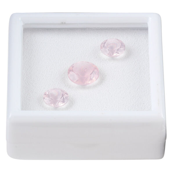 Gem, rose quartz (natural), two 8mm and one 10mm faceted round, A grade, Mohs hardness 7. Sold per pkg of 3. image number 0