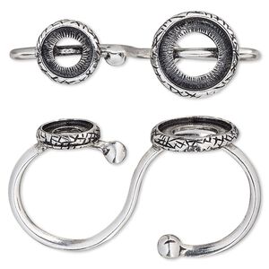 Ring, antique silver-plated "pewter" (zinc-based alloy), 14mm wide textured double band with 8mm and 12mm round settings, sizes 7 and 8. Sold individually.