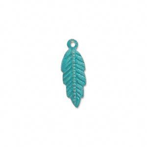 Drop, brass, bright teal patina, Pantone® color 17-4818, 20x7mm double-sided feather. Sold per pkg of 6.