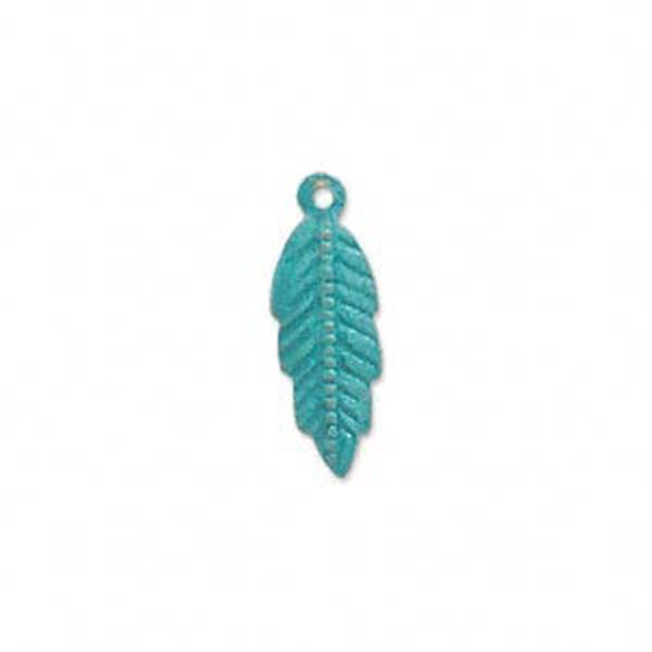 Drop, brass, bright teal patina, Pantone® color 17-4818, 20x7mm double-sided feather. Sold per pkg of 6. image number 0