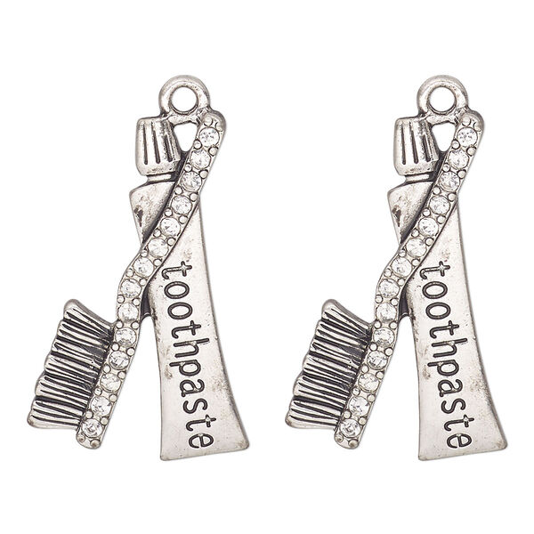 Focal, antique silver-finished "pewter" (zinc alloy), 30x18mm toothbrush and toothpaste tube. Sold per pkg of 2. image number 0