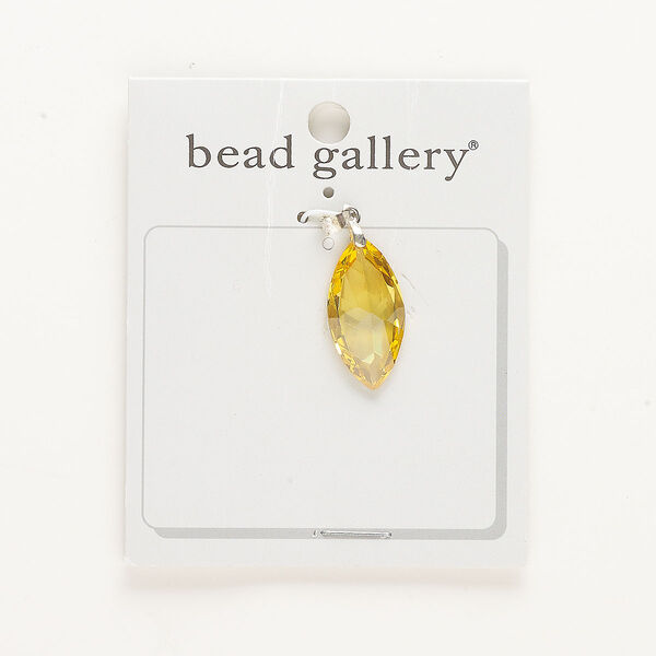 Pendant, silver-finished brass and cubic zirconia, yellow, 28x14mm marquise. Sold individually. image number 0