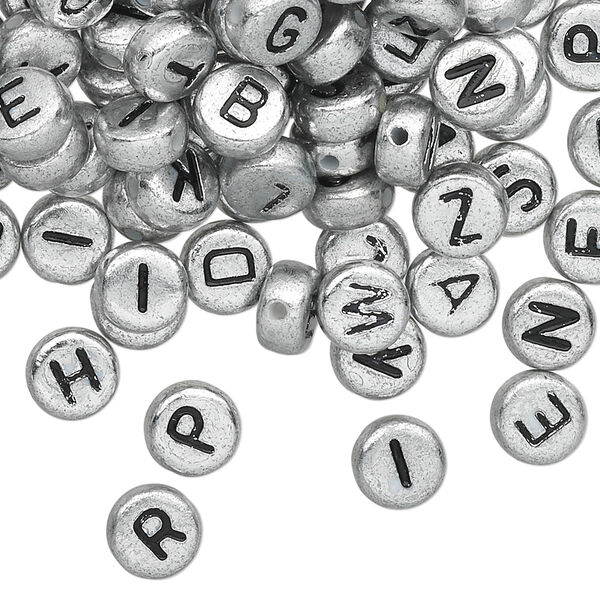 Bead mix, acrylic, opaque silver and black, 7mm double-sided flat round with alphabet letters. Sold per pkg of 200. image number 0