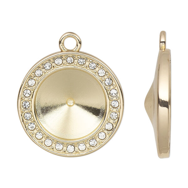 Drop, Almost Instant Jewelry®, cubic zirconia and gold-finished "pewter" (zinc-based alloy), clear, 22mm single-sided round with 14mm rivoli glue-in setting. Sold per pkg of 2. image number 0