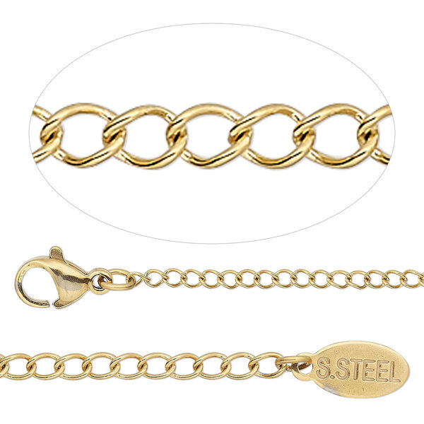 Chain, gold-finished stainless steel, 1.9mm curb, 18 inches with 2-inch extender chain and lobster claw clasp. Sold individually. image number 0