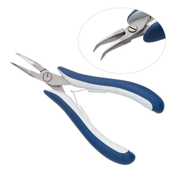 Pliers, Teborg®, bent-nose, steel / stainless steel / plastic, grey / white / blue, 5-3/4 inches. Sold individually. image number 0