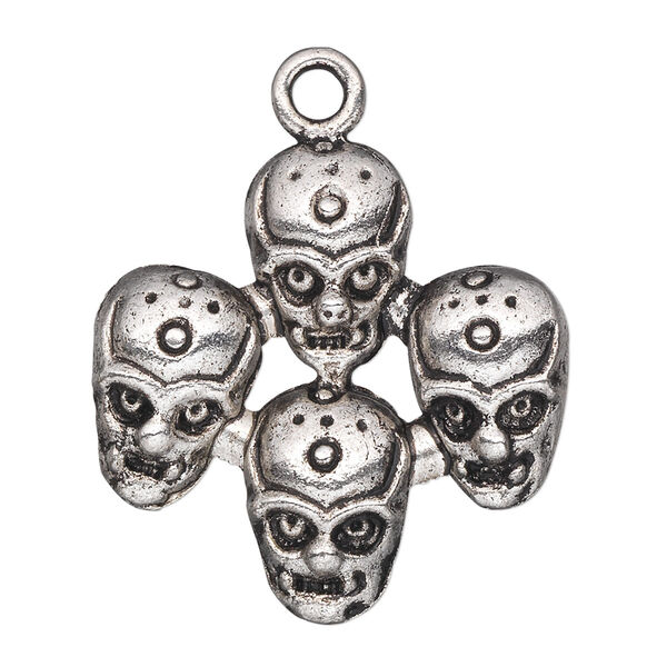 Focal, antiqued silver-finished "pewter" (zinc-based alloy), 32x32mm single-sided 4-headed monster. Sold per pkg of 10. image number 0