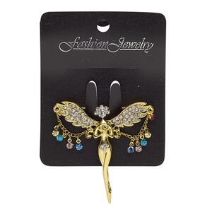 Brooch, glass rhinestone / gold-finished brass / steel / "pewter" (zinc-based alloy), multicolored, 51x48mm fairy. Sold individually.