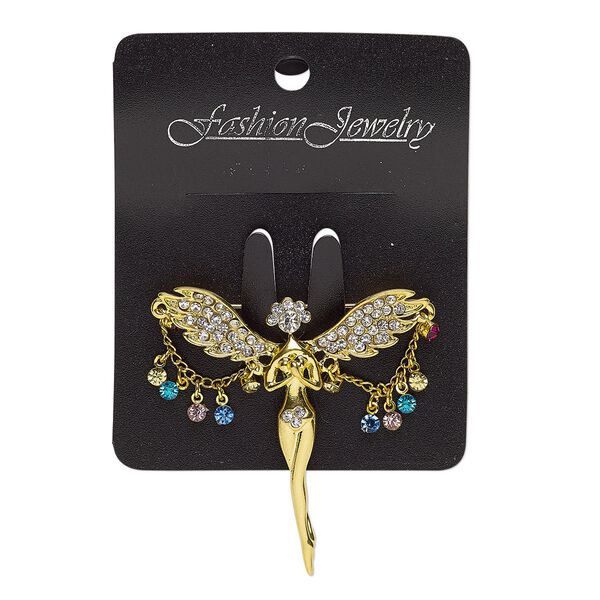 Brooch, glass rhinestone / gold-finished brass / steel / "pewter" (zinc-based alloy), multicolored, 51x48mm fairy. Sold individually. image number 0