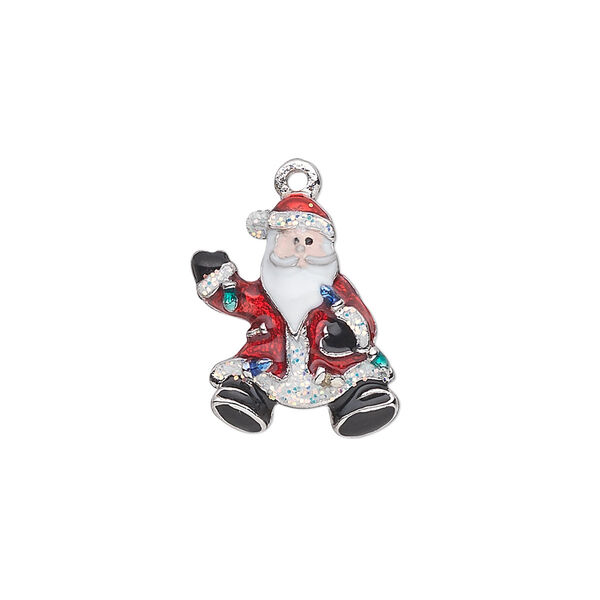 Charm, silver-plated "pewter" (zinc-based alloy) and enamel, multicolored, 18x14mm single-sided waving Santa with strand of lights and glitter. Sold individually. image number 0